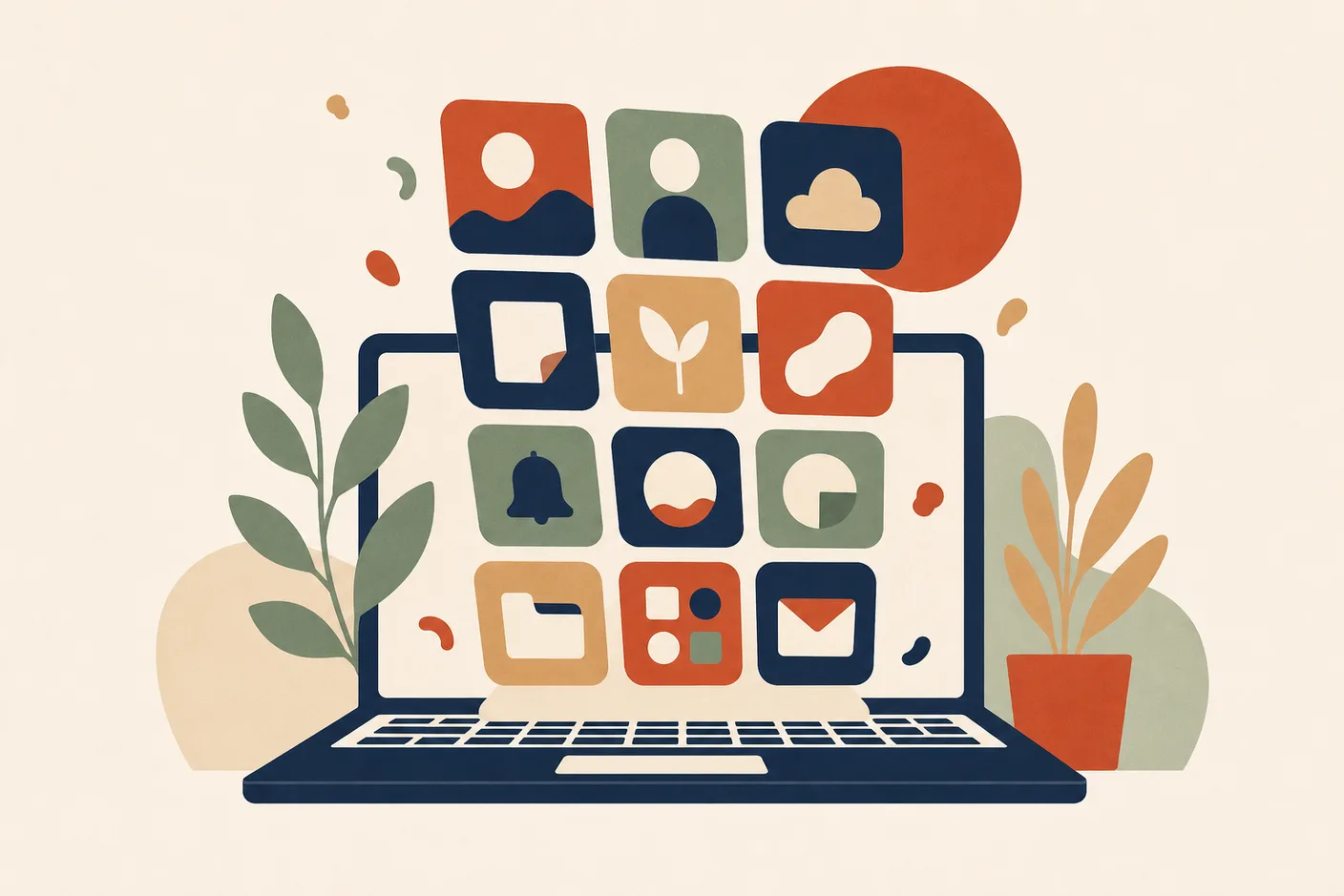Illustration of an open laptop with a floating grid of app tiles rising out of the keyboard