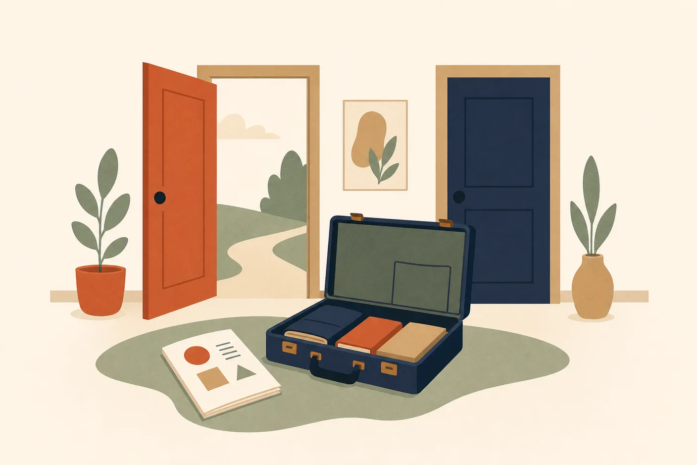 Illustration of a test booklet resting beside an open briefcase, one door in the background open and a second door beside it closed