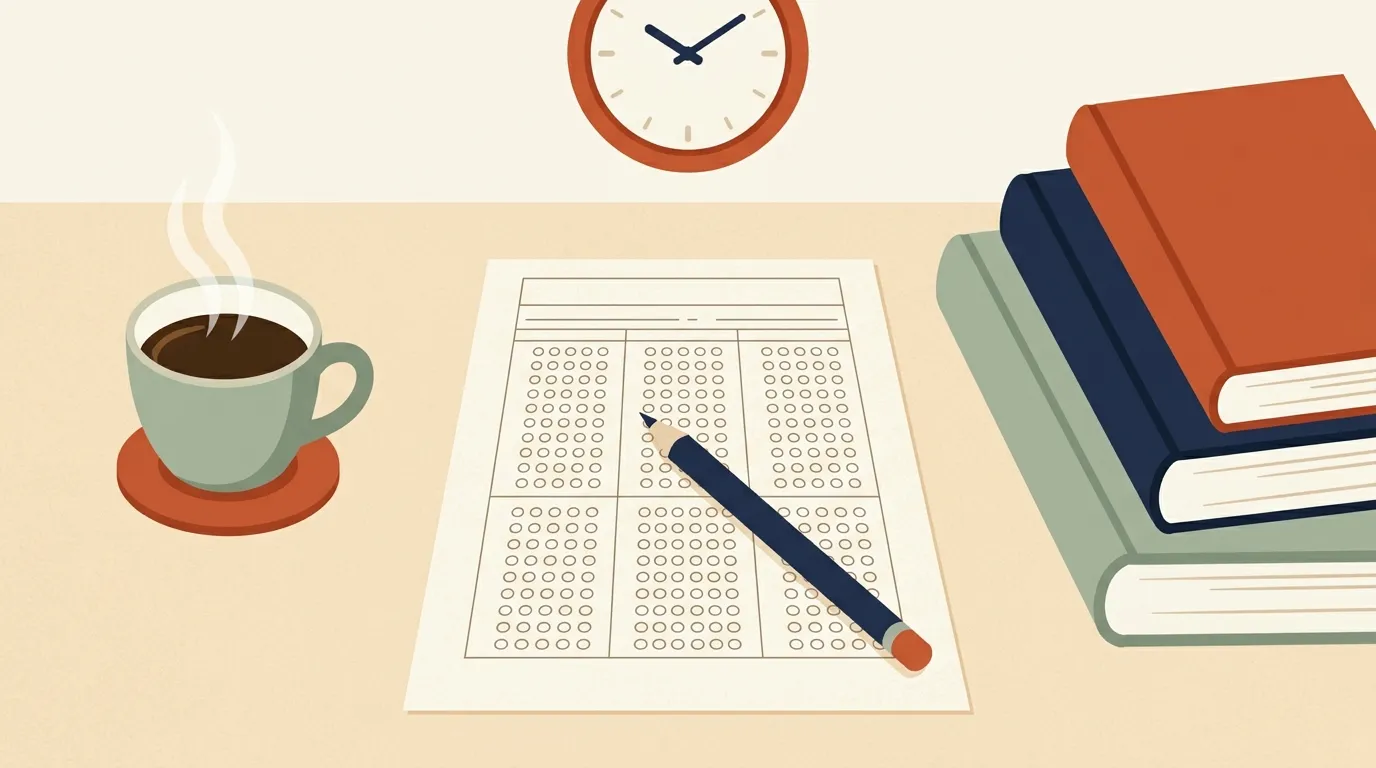 Illustration of a study desk with a test answer sheet, books, a pencil, and a clock