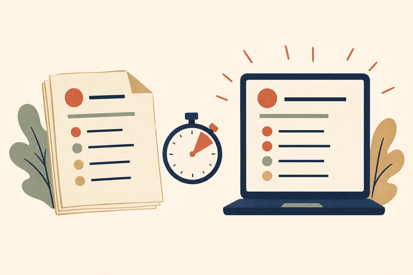 Illustration of two test booklets side by side, one paper and dog-eared, the other glowing as a laptop screen, a stopwatch between them