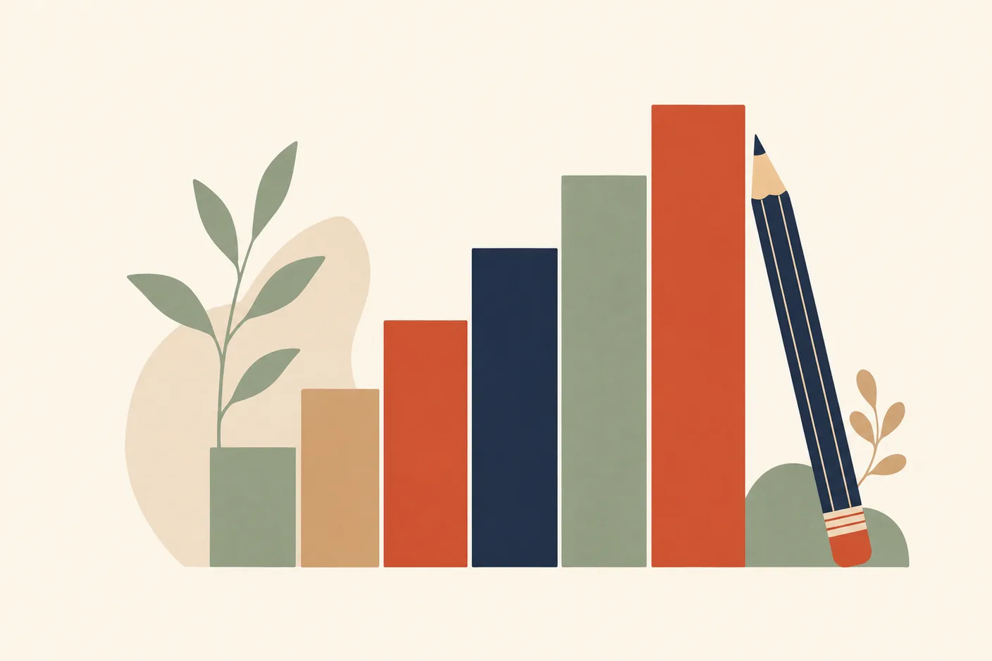 Illustration of six ascending bars forming a staircase with a pencil leaning against the tallest