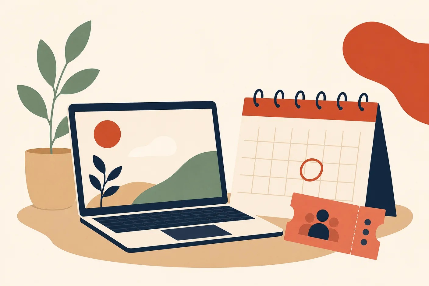 Illustration of a laptop open beside a wall calendar with one circled day and a numbered queue ticket