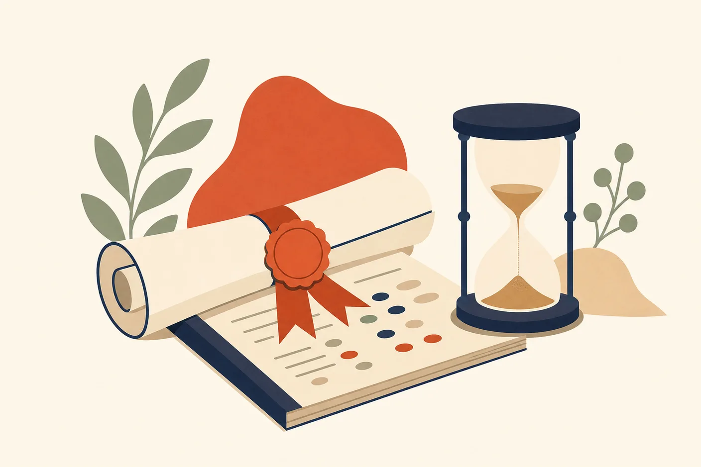 Illustration of a rolled certificate with a ribbon seal resting on a test booklet, a small hourglass beside it with sand running low