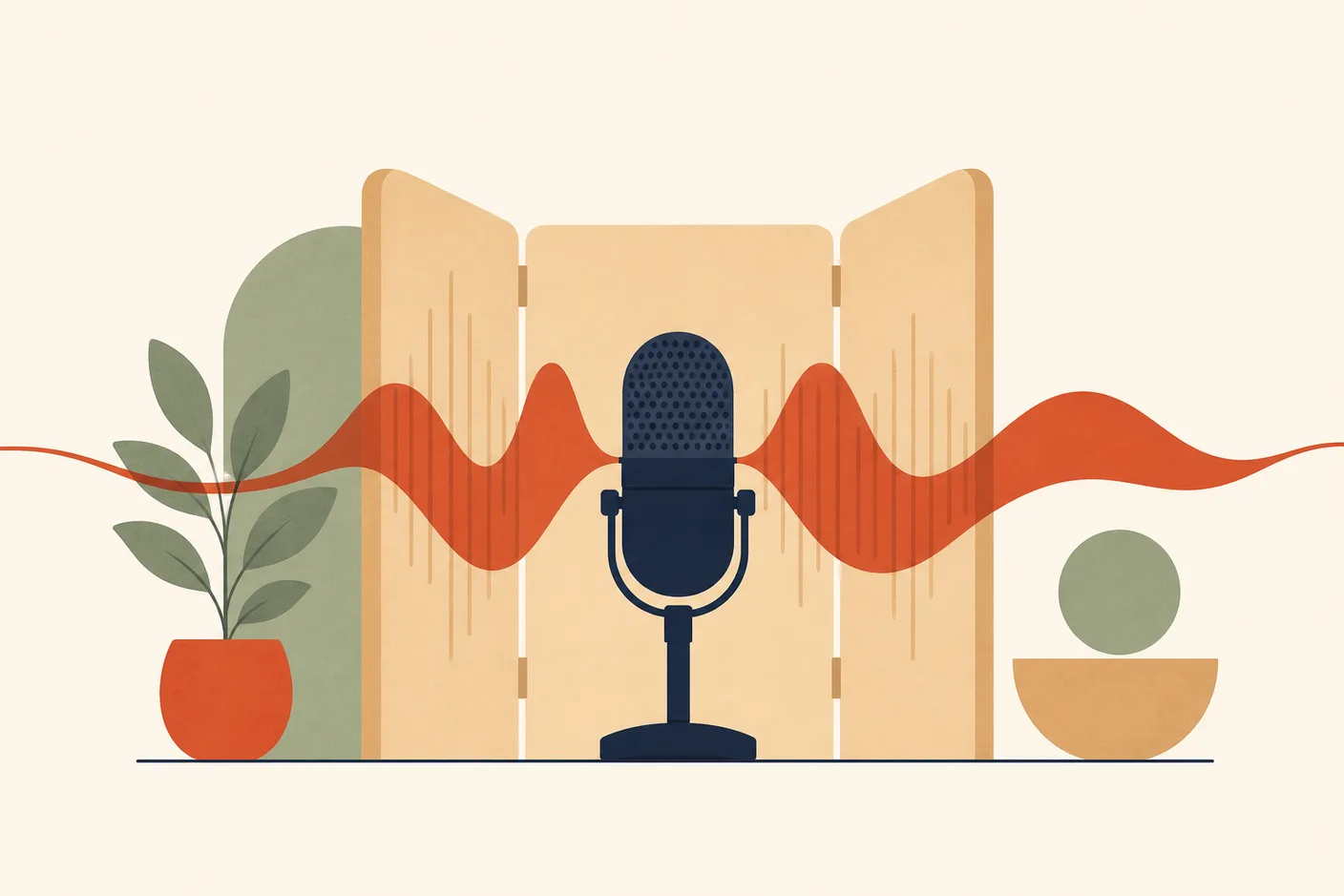 Illustration of a microphone standing in front of a test booth divider with a smooth sound wave passing by