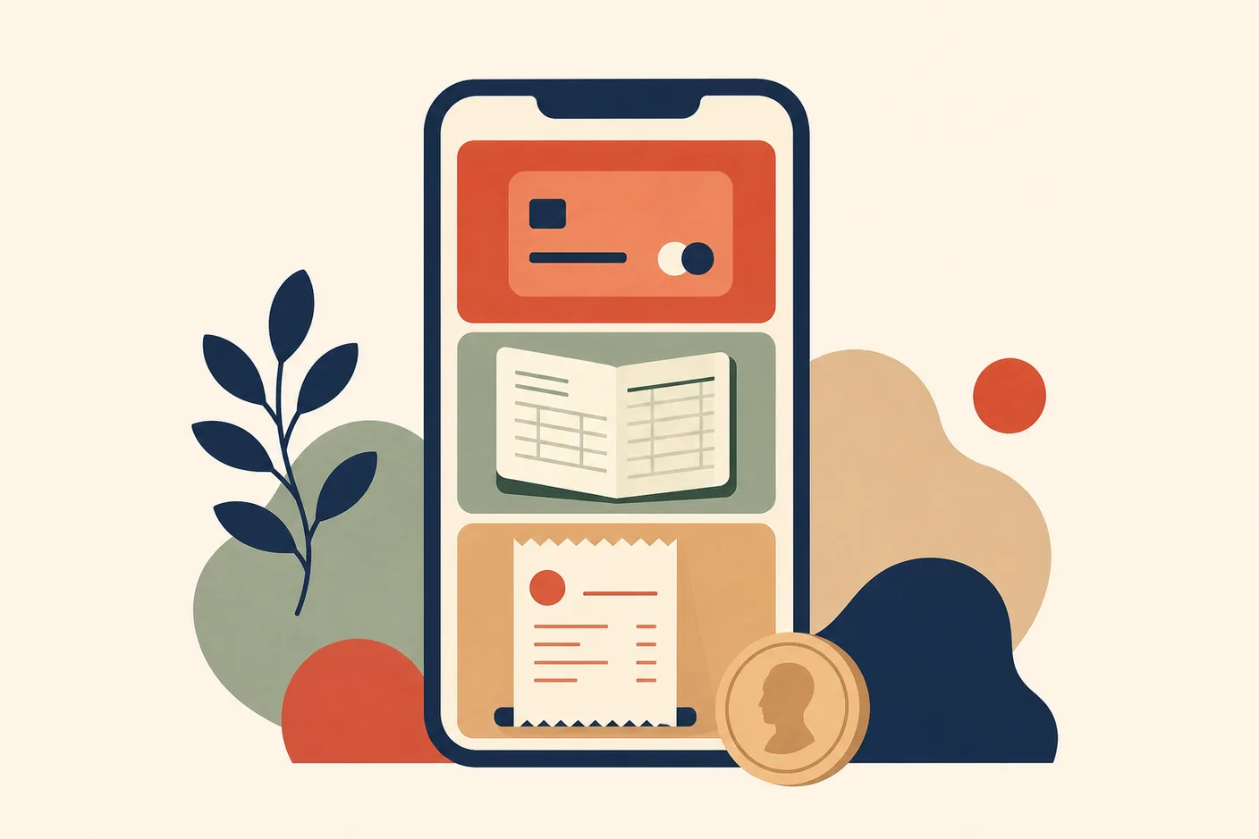 Illustration of a phone screen split into three stacked tiles, a payment tile, a bank passbook and a shop receipt, one coin resting in front