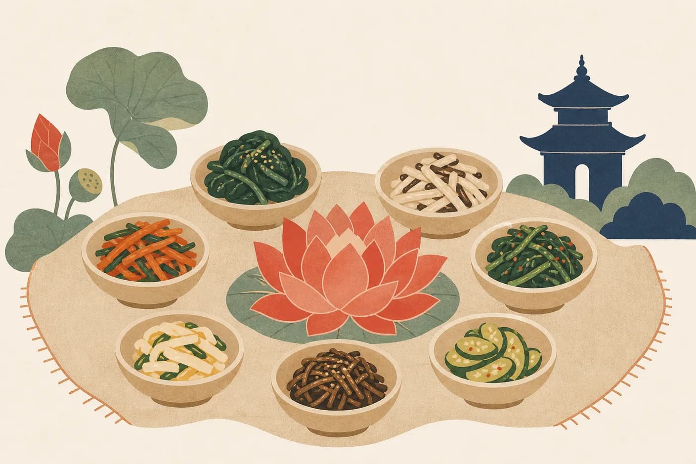 Illustration of a temple-food table of small vegetable side dishes arranged around a lotus flower