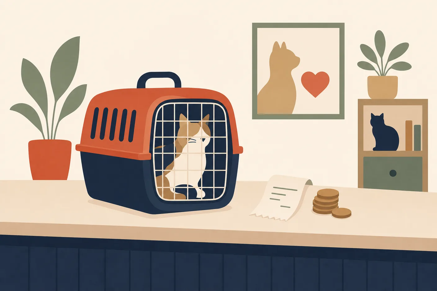 Illustration of a veterinary clinic counter with a cat carrier and a receipt with coins beside it