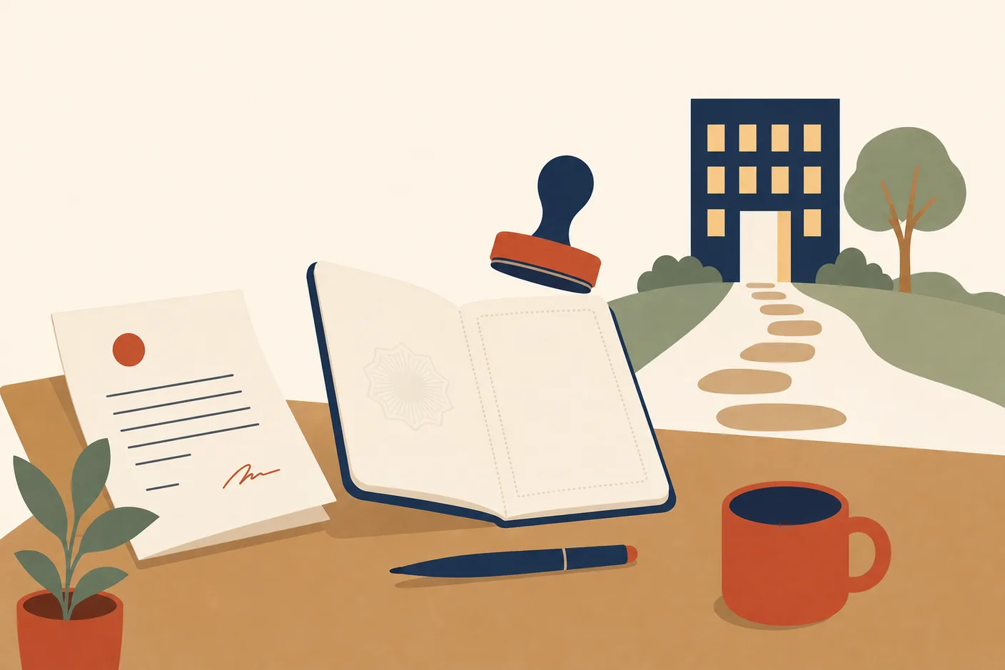 Illustration of an open passport resting on a desk beside a folded job offer letter, a rubber stamp lifted above the blank visa page, a small office building with lit windows in the background and a path of stepping stones leading from the desk to its door