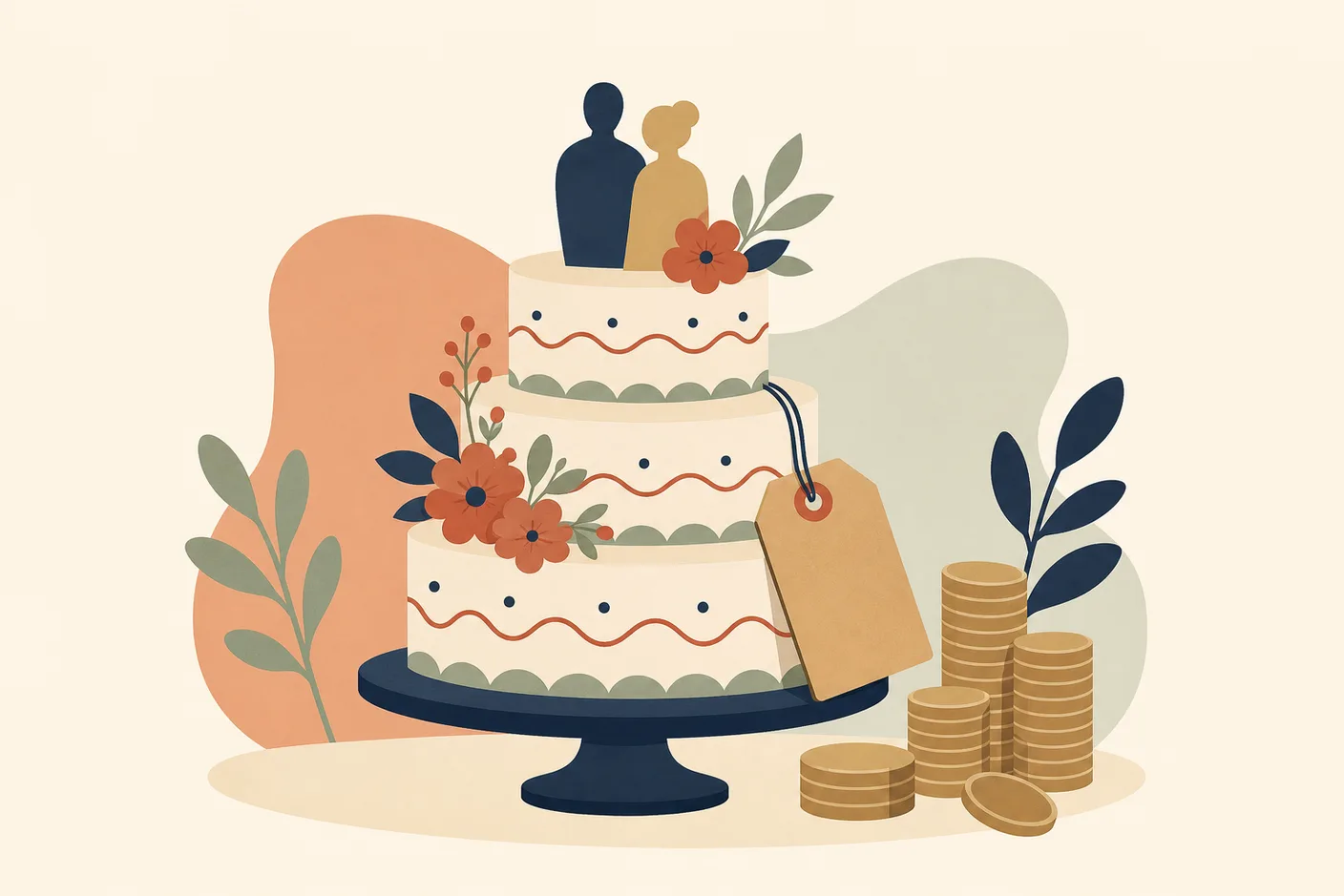 Illustration of a tiered wedding cake with a paper price tag, stacks of coins arranged beside it