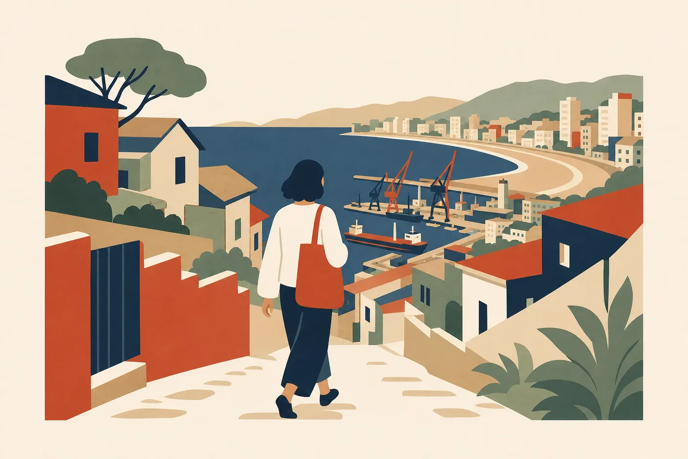 Illustration of a person carrying a tote bag walking up a hillside street of colorful low houses above a harbor with cranes and ships, a beach and apartment towers along the curving coast beyond