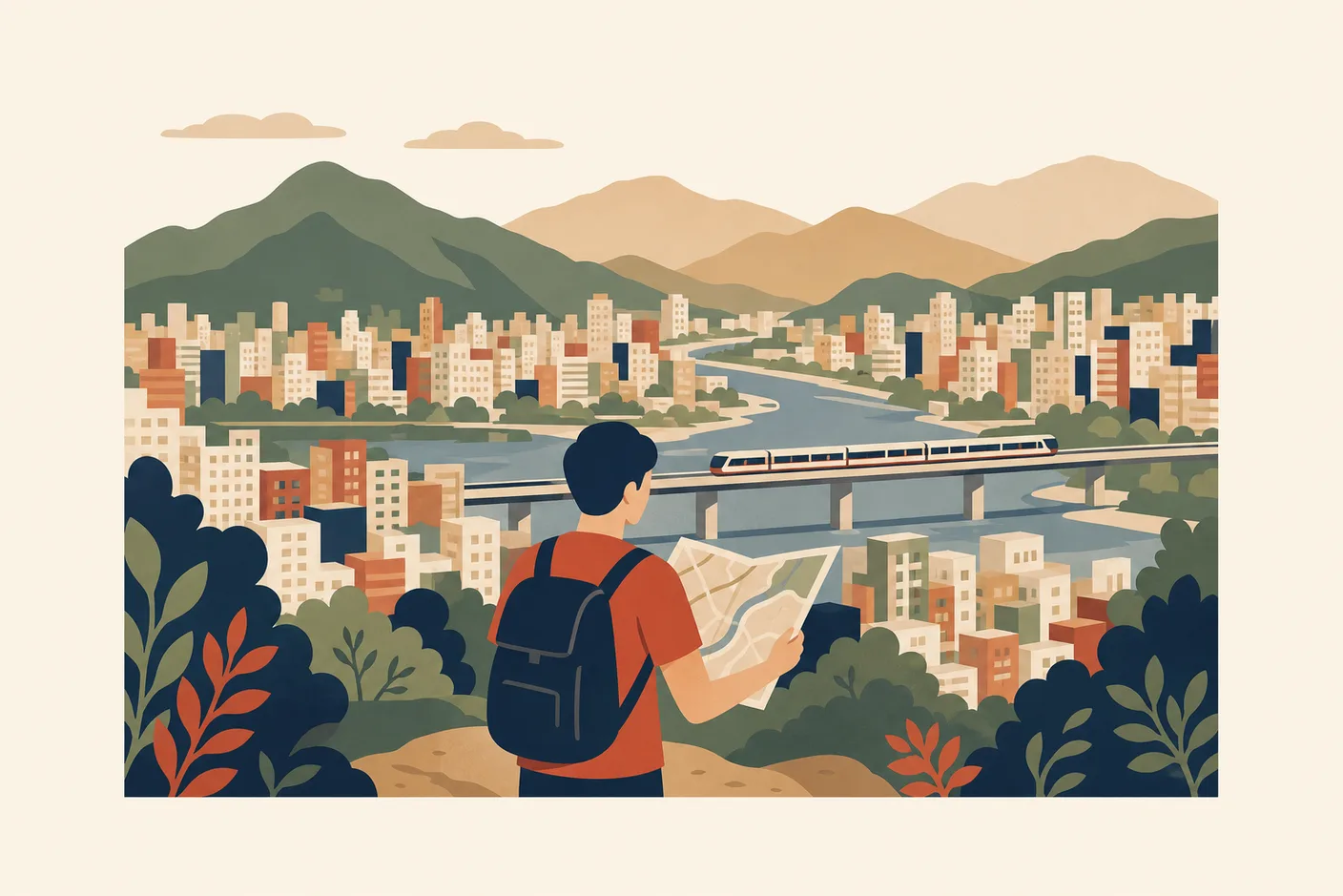 Illustration of a person with a map looking out over a wide inland city of apartment blocks ringed by mountains, an elevated metro line crossing a river in the middle distance, summer light