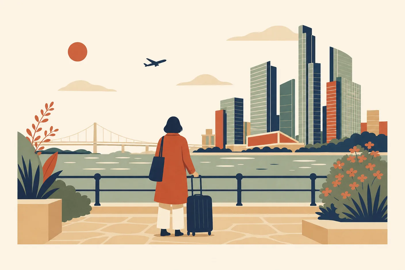 Illustration of a person with a suitcase on a seaside promenade looking across the water at a modern waterfront district of tall glass towers and a long bridge, a plane in the sky