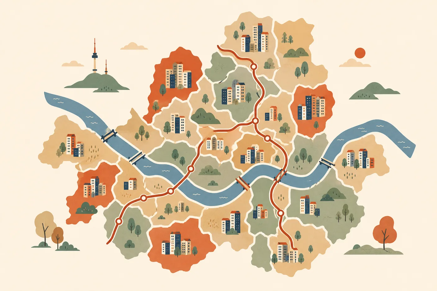 Illustration of a stylized Seoul map divided into district shapes with small apartment buildings, a subway line and the Han River curving through