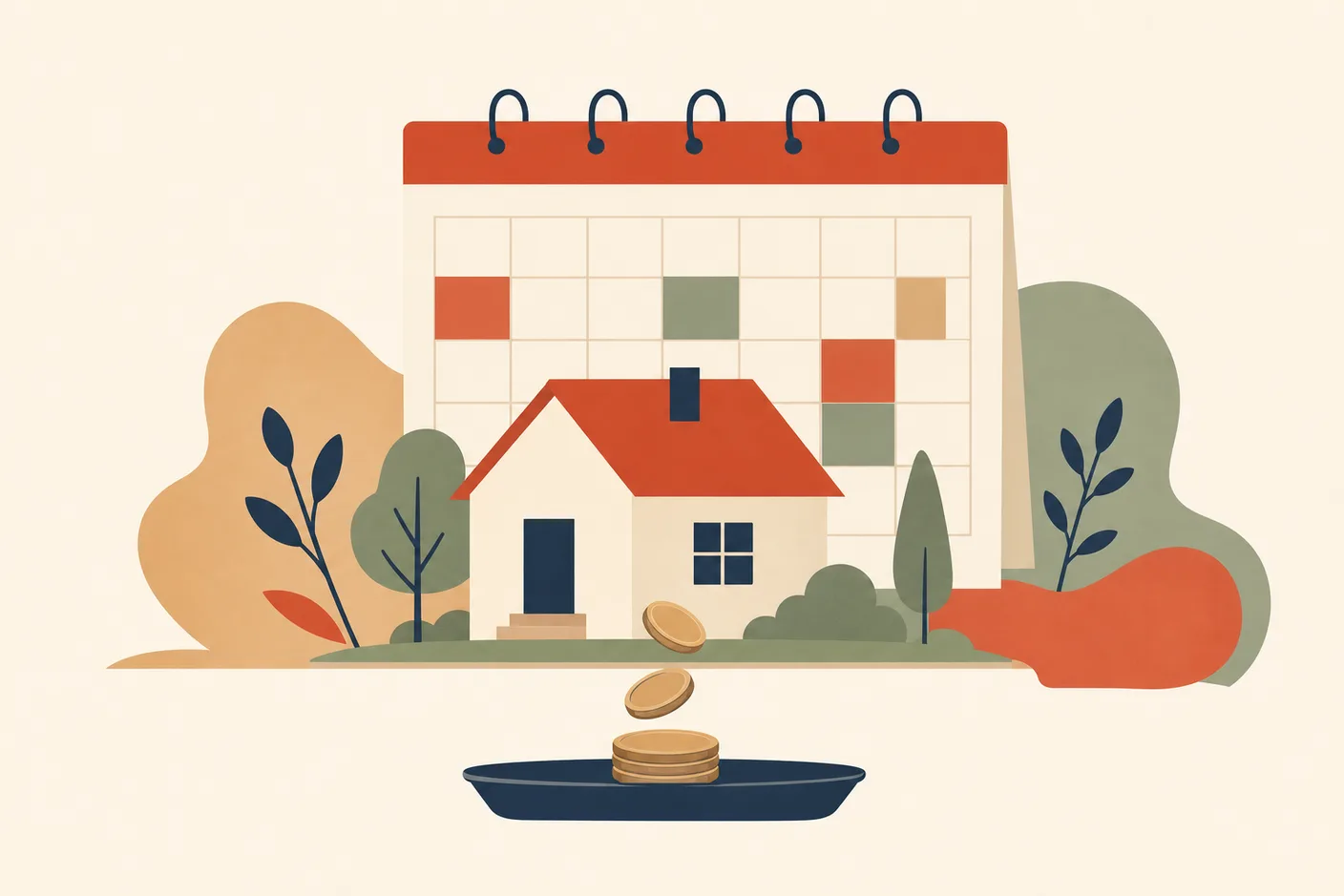 Illustration of a small house in front of a wall calendar, coins dropping one by one onto a tray below