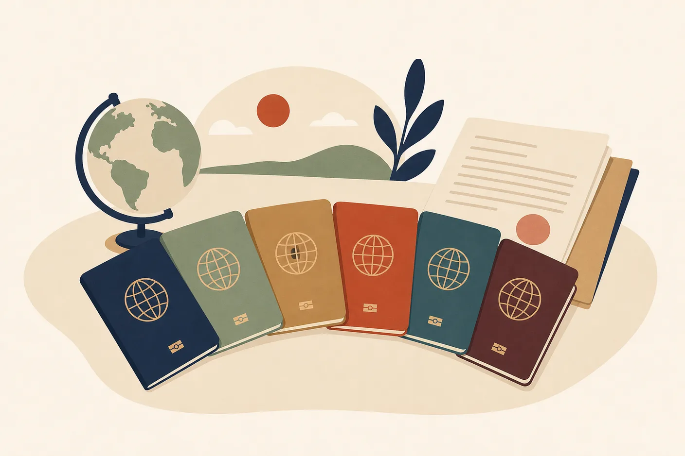 Illustration of six closed passports of different colours fanned out on a desk next to a folded work contract and a small globe