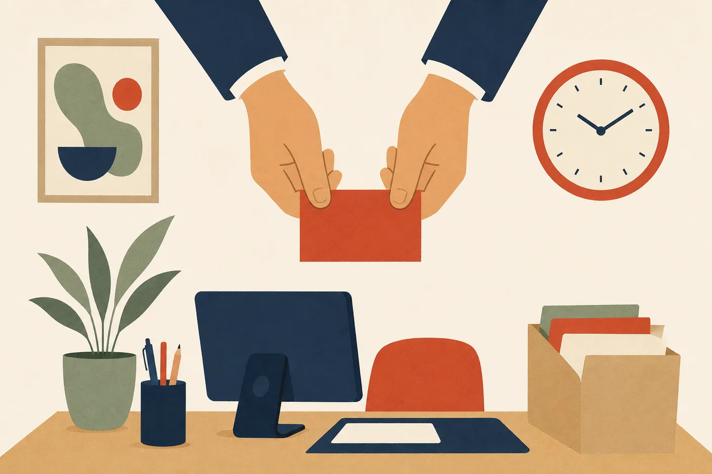 Illustration of an office desk with a computer, a business card presented with two hands above it, a clock on the wall