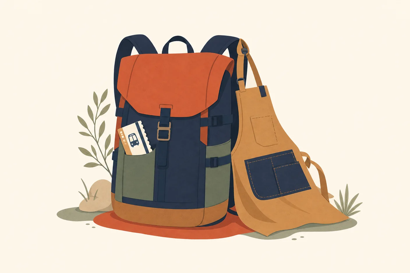 Illustration of a travel backpack with a work apron hanging beside it and a bus ticket tucked in the strap