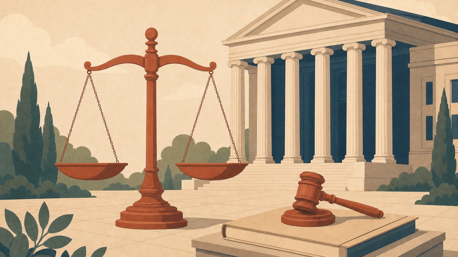 Illustration of a courthouse with a balanced scale of justice and a gavel resting on a closed case file.
