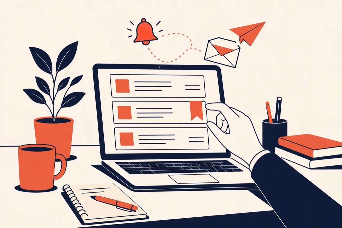 Illustration of a laptop showing a job list with a saved-job bookmark, an alert bell, and an email notification icon.