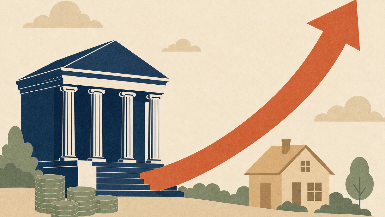 Illustration of a deep navy central bank building with a terracotta arrow curving upward, stacked coins, and a small house beneath the rising arrow, flat vector, warm cream background.