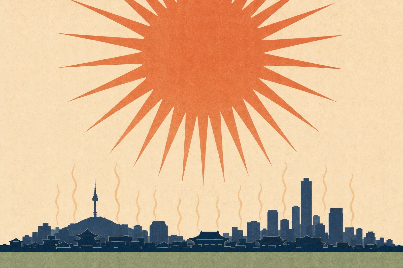 Illustration of an enormous spiked terracotta sun blazing over a deep-navy Seoul skyline silhouette with hanok roofs and N Seoul Tower, wavy heat-shimmer lines rising from the rooftops toward the sun, a thin sage horizon strip below, warm cream sky, paper-grain texture, no text anywhere in the scene