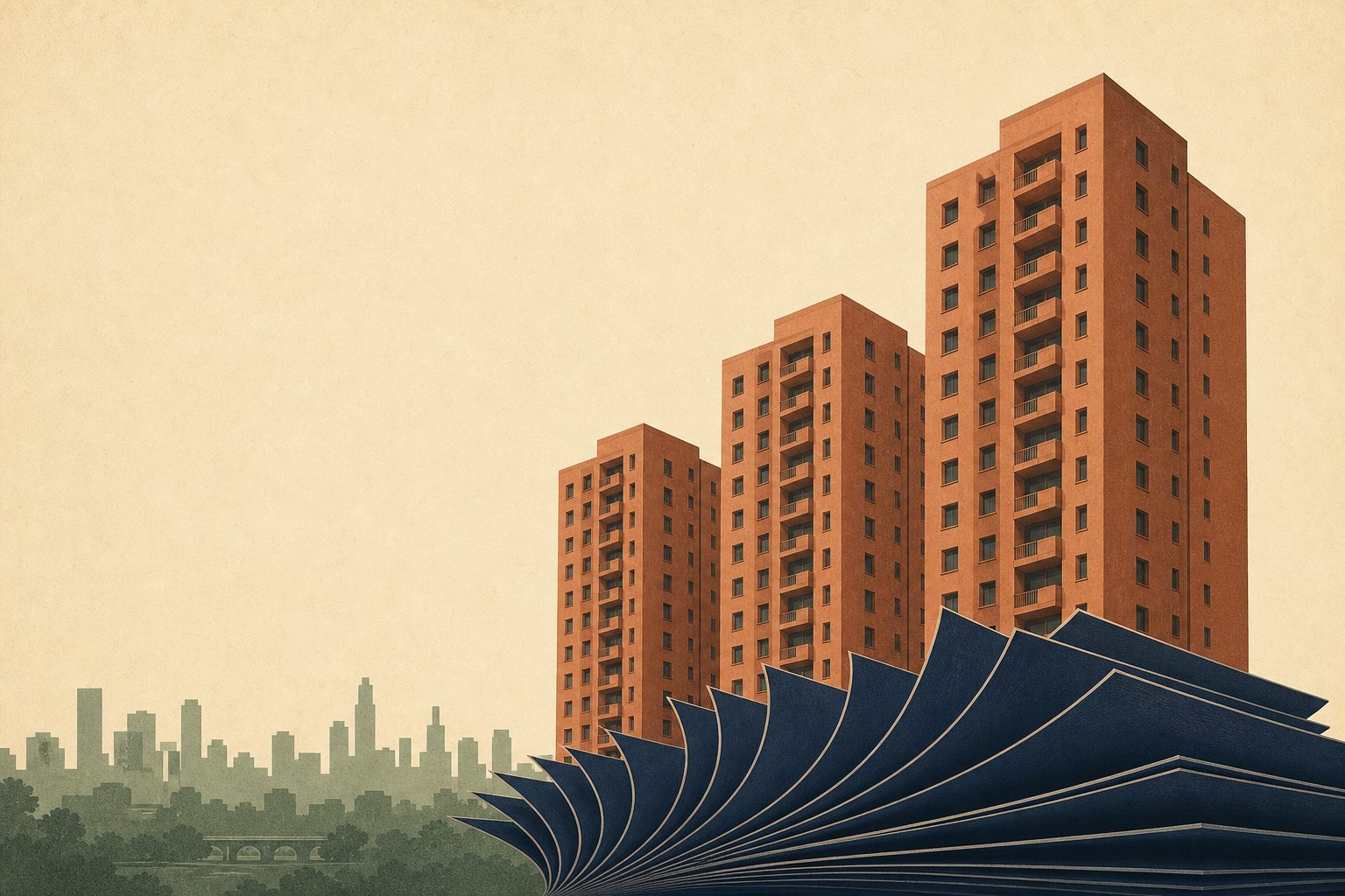 Illustration of a row of terracotta apartment towers rising against a warm cream sky, stacks of deep-navy policy documents fanning outward from the base of the buildings, a sage cityscape horizon strip below, paper-grain texture, generous negative space, no text or signage anywhere in the scene