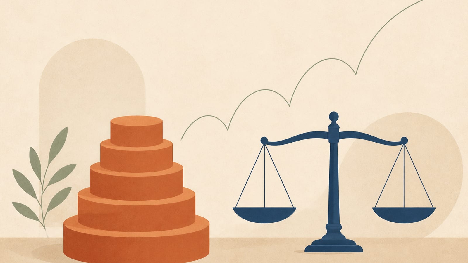 Illustration of a terracotta stepped column of stacked discs beside a balanced scale on a warm cream background, deep-navy horizontal bands and sage arcs suggesting a rate path, paper-grain texture, generous negative space, no text, numerals, logos, or faces anywhere in the scene