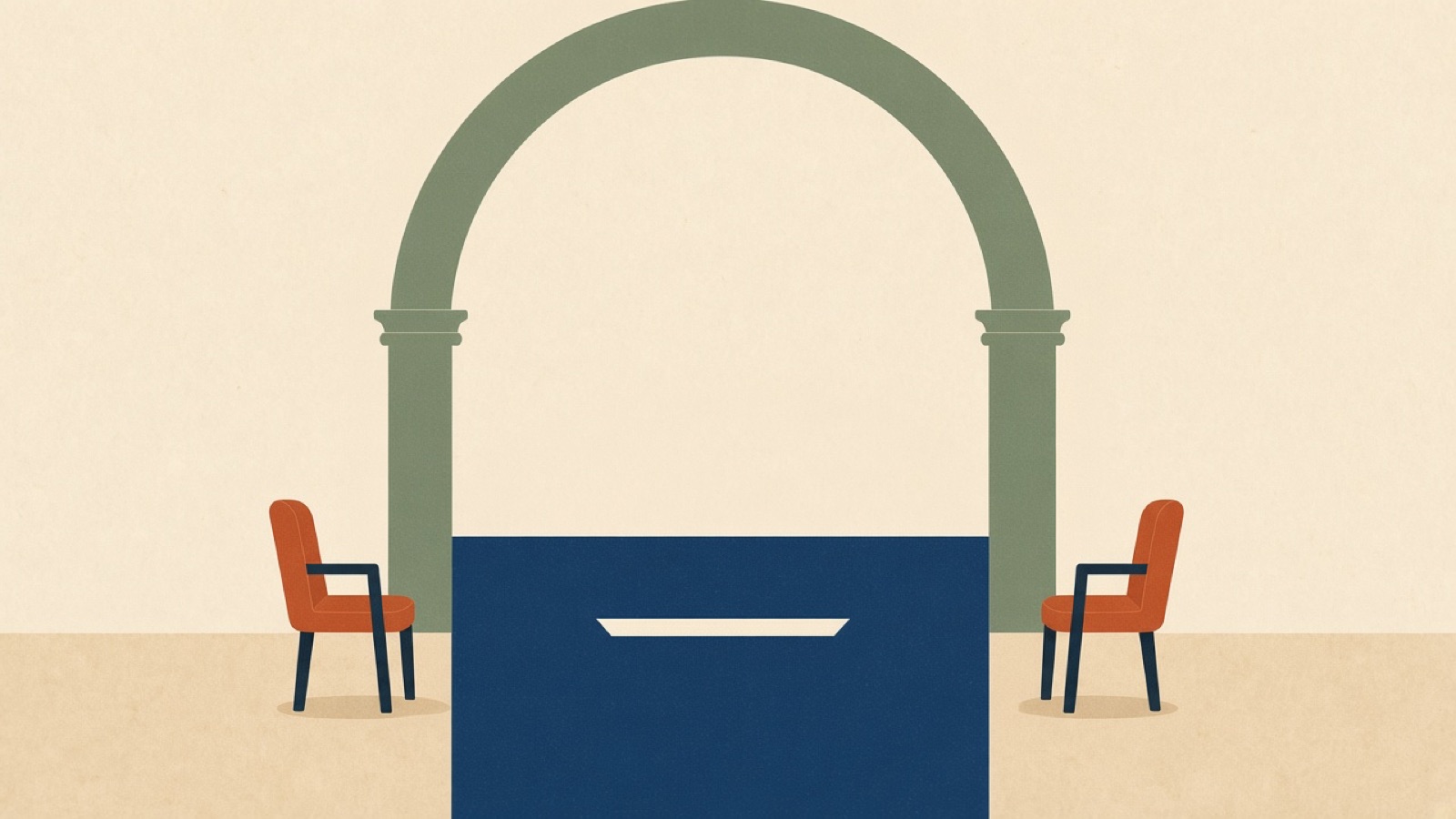Illustration of two empty terracotta chairs facing a deep-navy strait under a sage arch on a warm cream background, a simple naval hull as a silhouette in the water, paper-grain texture, generous negative space, no text, numerals, logos, flags, or faces anywhere in the scene