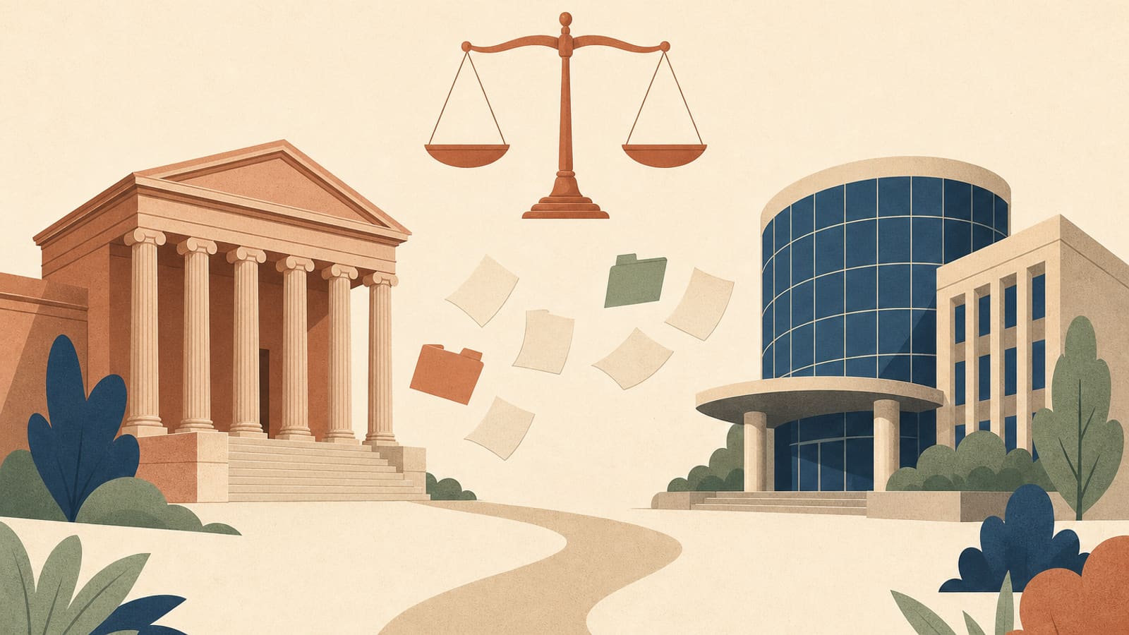 Illustration of a columned courthouse and a modern glass city hall joined by a winding path, with balanced scales and loose blank papers floating between them, in flat terracotta, deep navy, sage, and warm beige on a cream paper-grain background